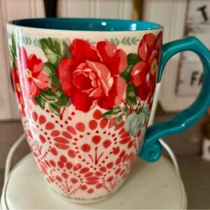 The Pioneer Woman Red Floral Ceramic Mug with Turquoise Handle